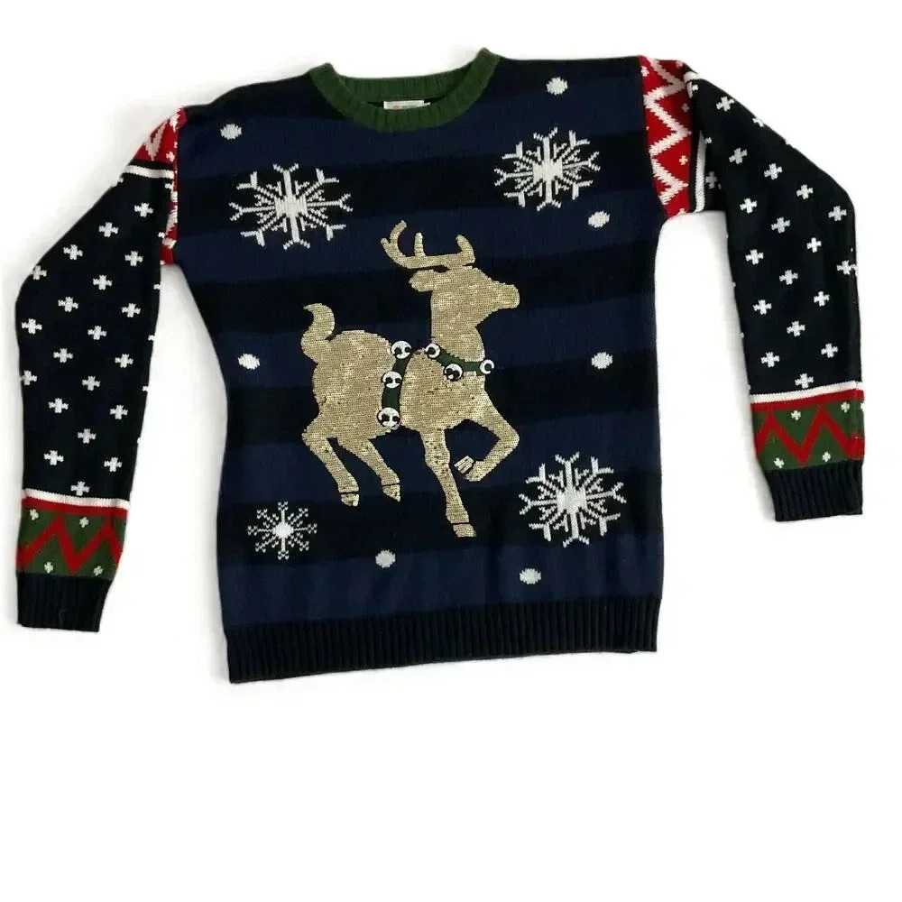 Joyin Navy Blue Deer Design Striped Ugly Christmas Sweater XL‎